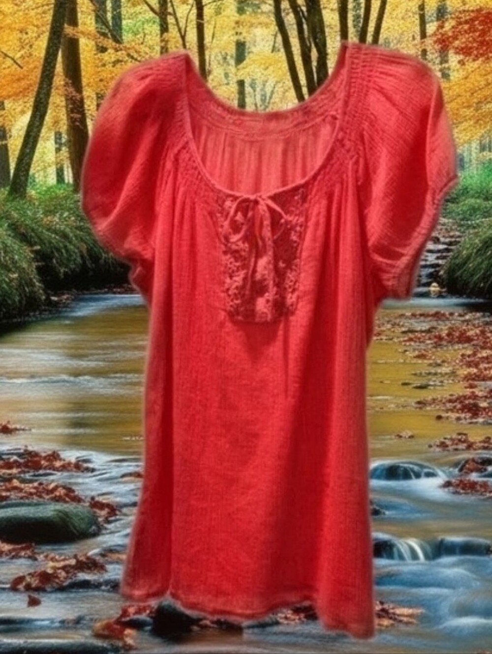 Coral Scoop Neck Peasant Blouse With Smocked Sleeves